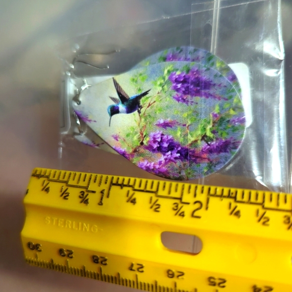 Hummingbird Double Side Acrylic Teardrop Dangle Earrings - NWT 2 1/4" - Picture 3 of 5